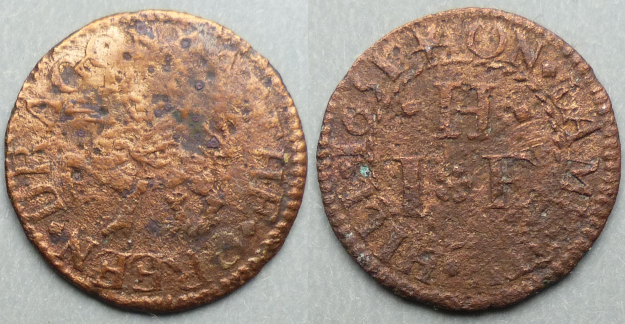Lambeth Hill, I H (F) AT THE GREEN DRAGON 1651 farthing N----
